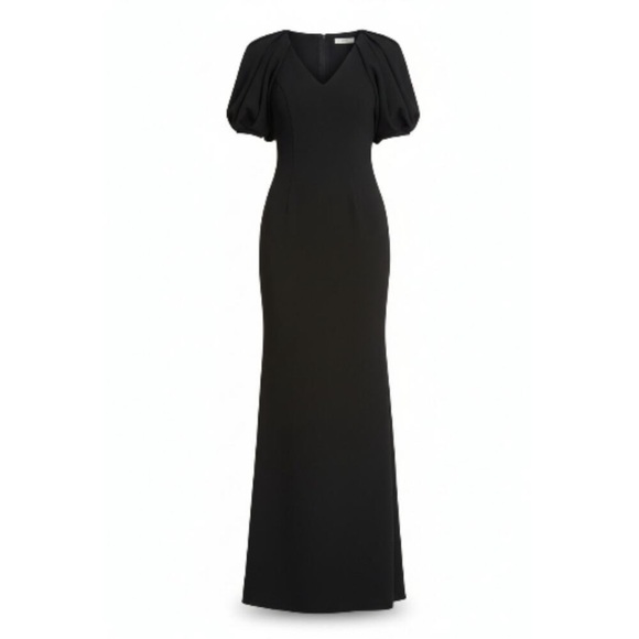 Badgley Mischka Dresses & Skirts - Badgley Mischka Gathered Crepe Black V-Neck Maxi Gown Statement Puff Sleeves